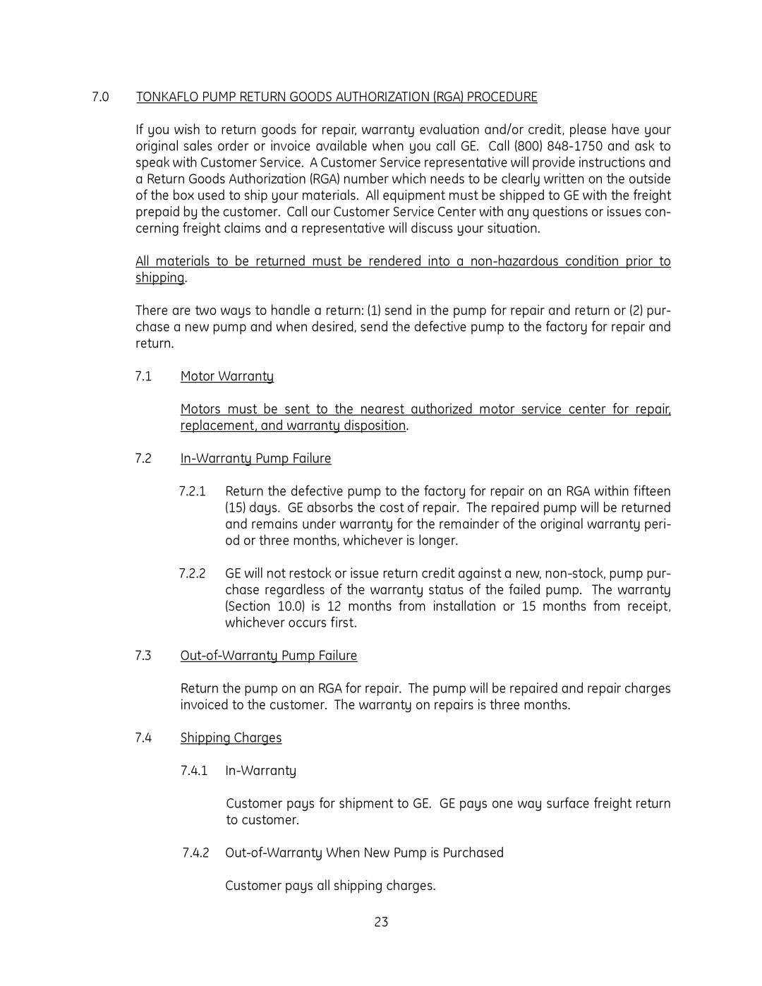 GE QS1800V, QS2800V manual Tonkaflo Pump Return Goods Authorization RGA Procedure 