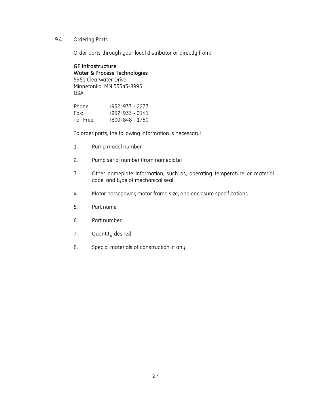 GE QS1800V, QS2800V manual GE Infrastructure Water & Process Technologies, Clearwater Drive Minnetonka, MN, Usa 