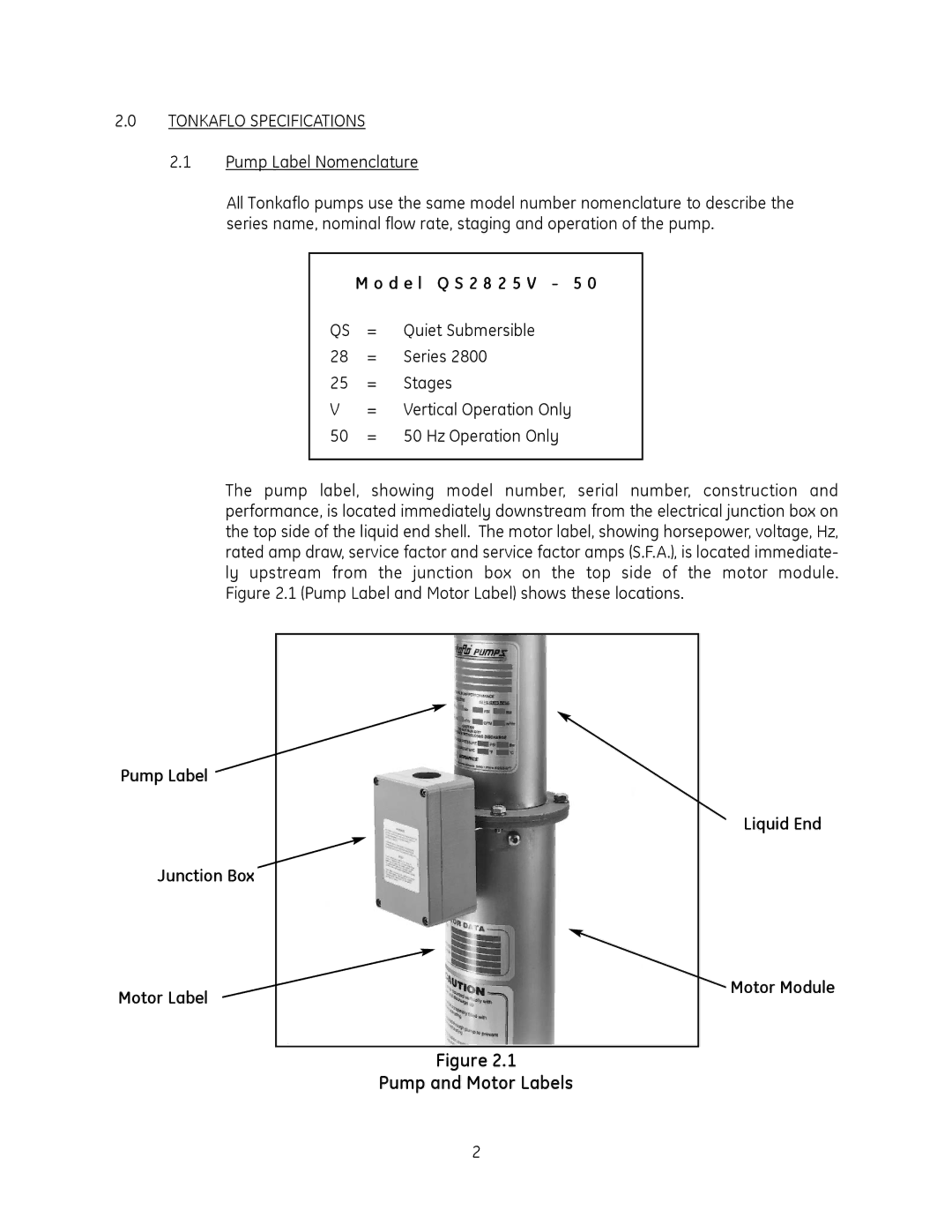 GE QS2800V Tonkaflo Specifications, D e l Q S 2 8 2 5 V 5, Pump Label Junction Box Motor Label, Liquid End Motor Module 