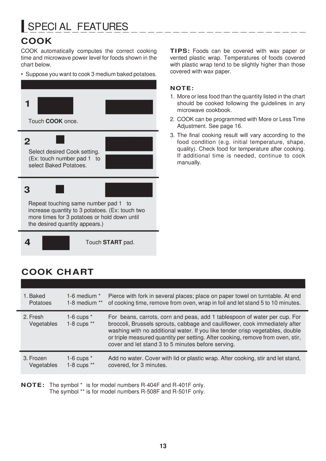 GE R-508F, R-501F, R-404F, R-401F warranty Cook Chart 