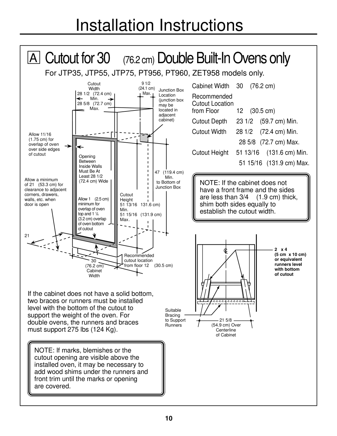 GE r08654v-1 installation instructions Cutout for 30″ 76.2 cm Double Built-In Ovens only 