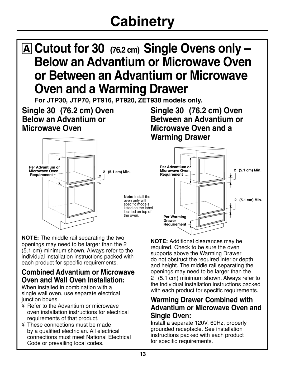 GE r08654v-1 installation instructions Cutout for 30″76.2 cm Single Ovens only 