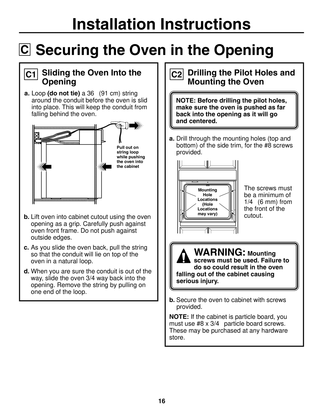 GE r08654v-1 installation instructions Securing the Oven in the Opening, C1 Sliding the Oven Into the Opening 