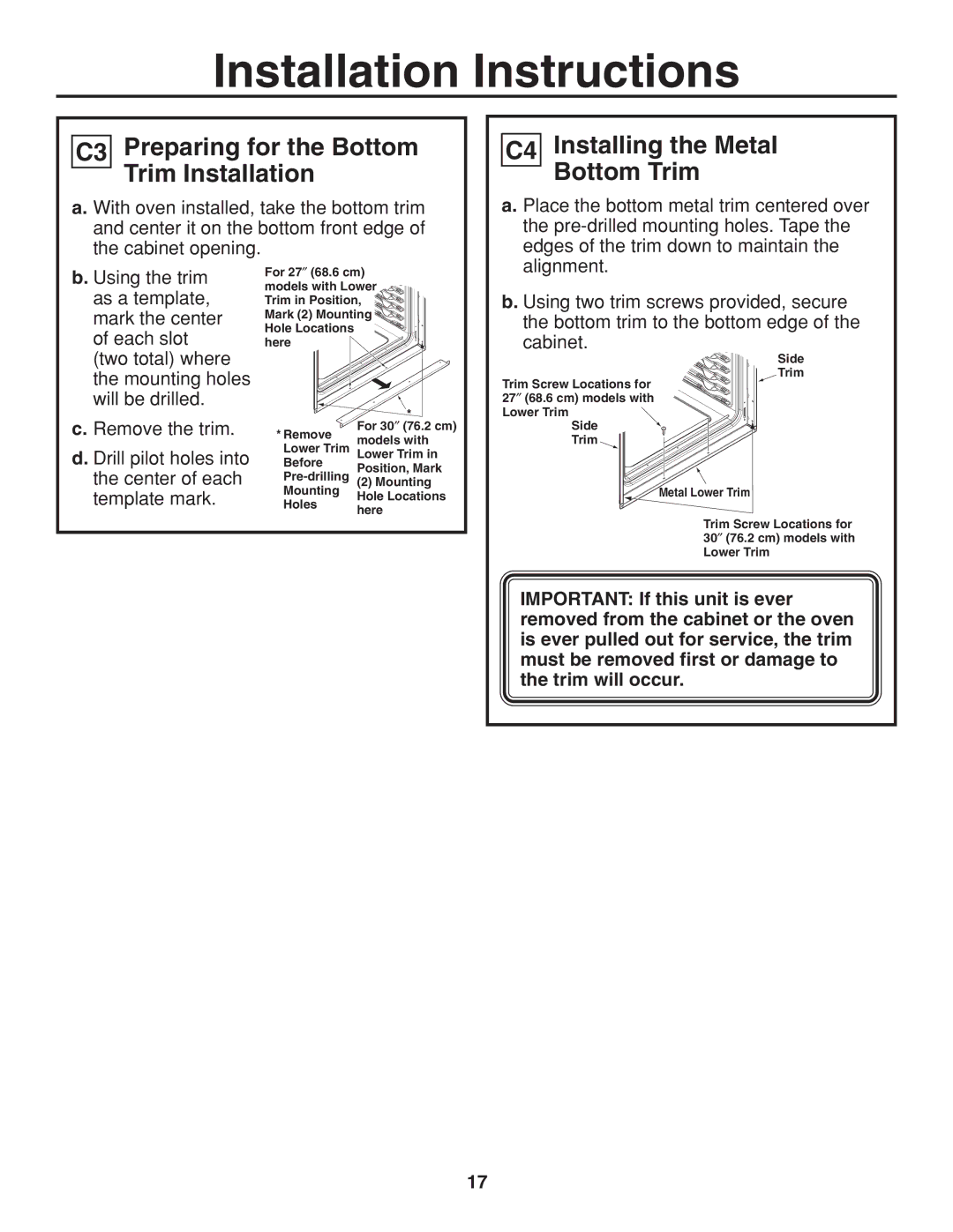 GE r08654v-1 installation instructions C3 Preparing for the Bottom Trim Installation, C4 Installing the Metal Bottom Trim 