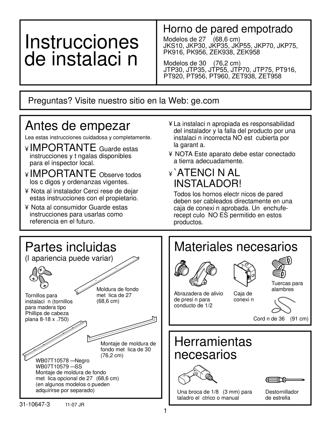 GE r08654v-1 installation instructions De instalación, ¿Preguntas? Visite nuestro sitio en la Web ge.com 