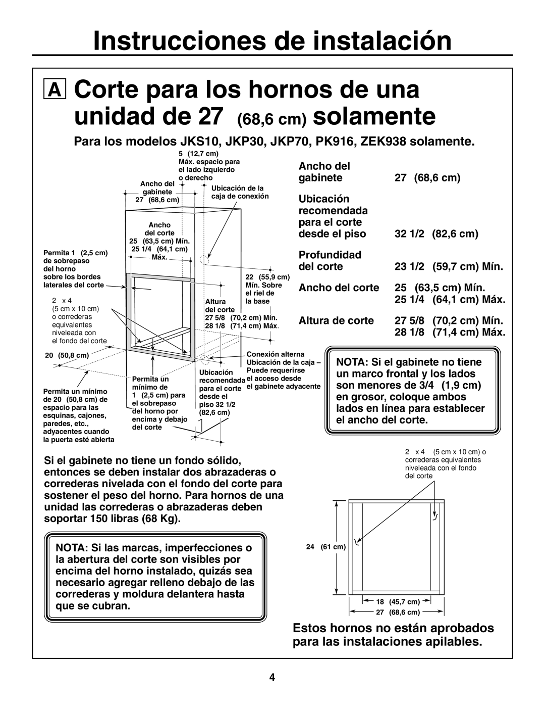 GE r08654v-1 installation instructions Corte para los hornos de una unidad de 27″ 68,6 cm solamente 