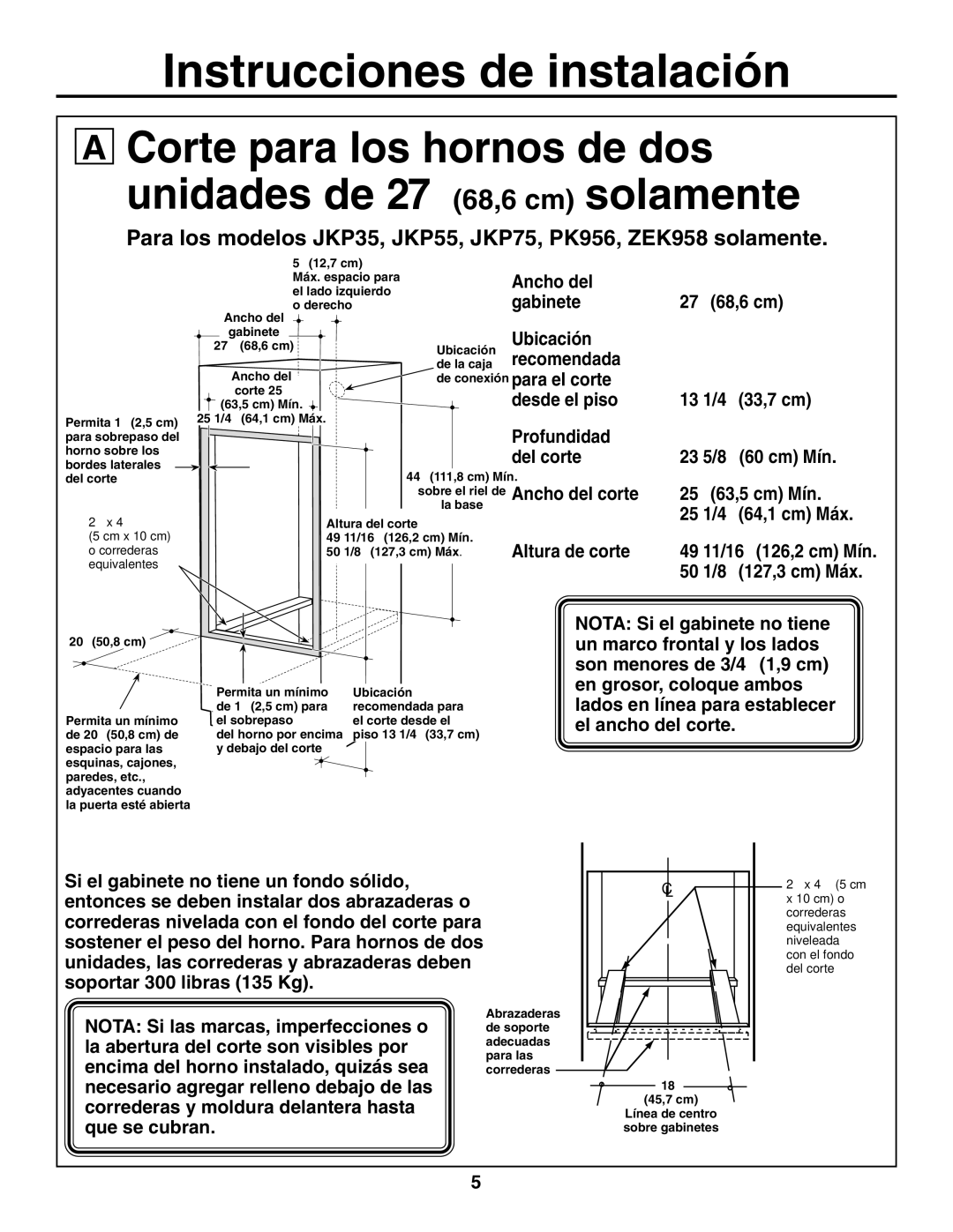 GE r08654v-1 installation instructions 49 11/16 126,2 cm Mín 50 1/8 127,3 cm Máx 