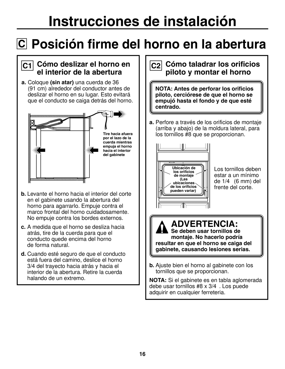 GE r08654v-1 Posición firme del horno en la abertura, C1 Cómo deslizar el horno en el interior de la abertura 