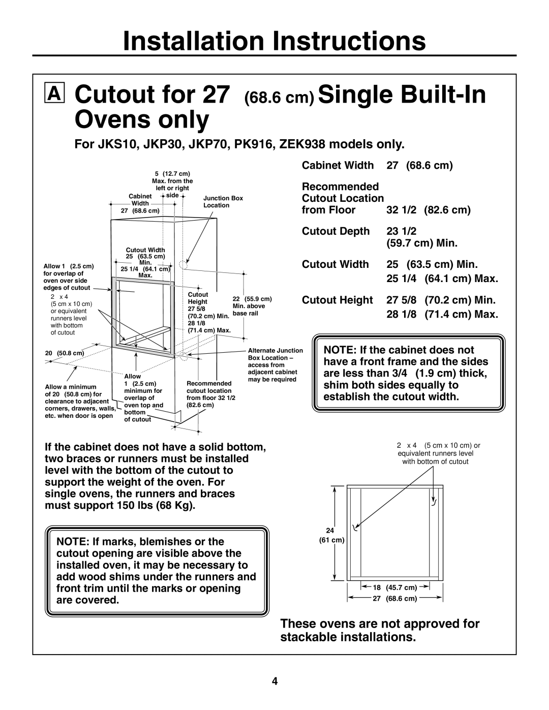 GE r08654v-1 Cutout for 27″ 68.6 cm Single Built-In Ovens only, For JKS10, JKP30, JKP70, PK916, ZEK938 models only 