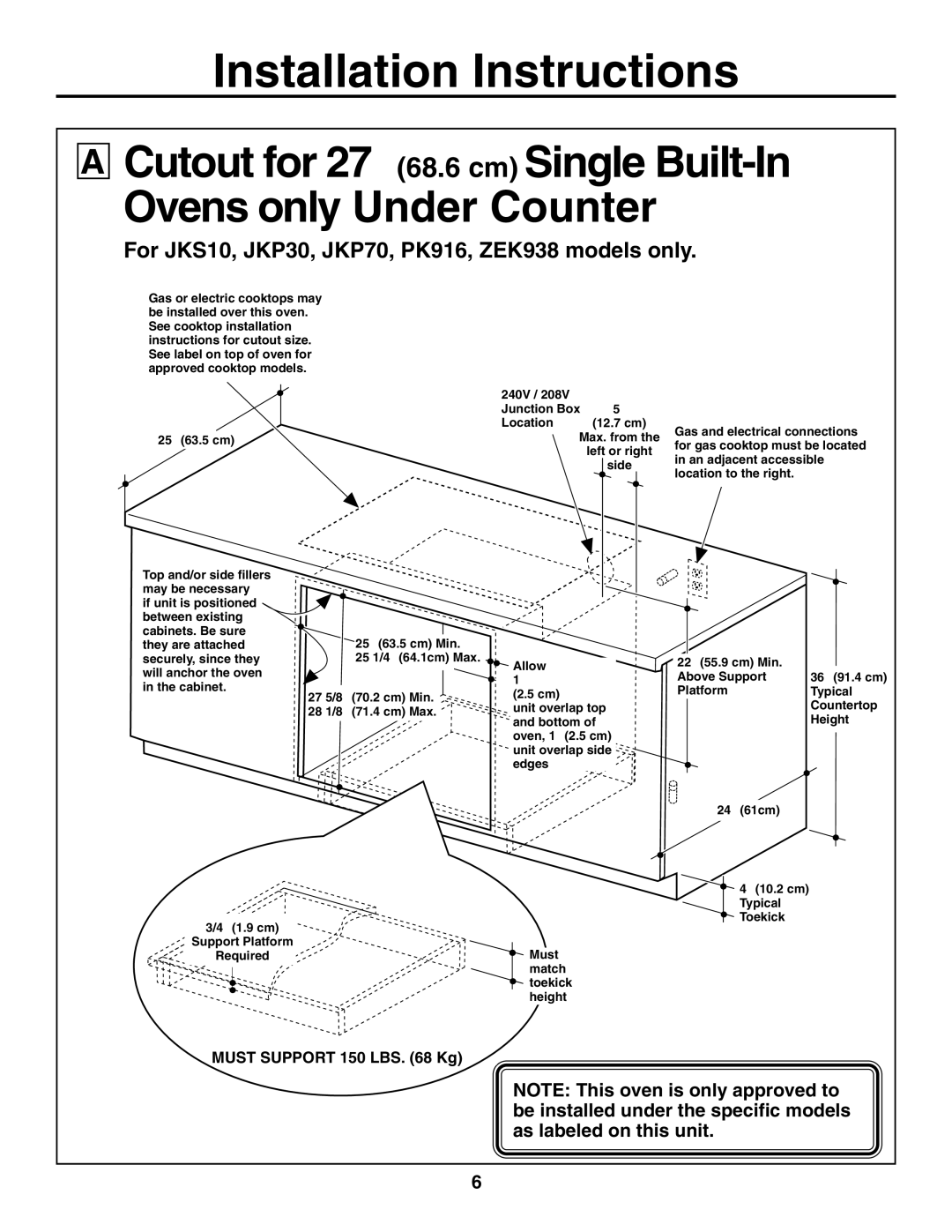 GE r08654v-1 installation instructions Must Support 150 LBS Kg 