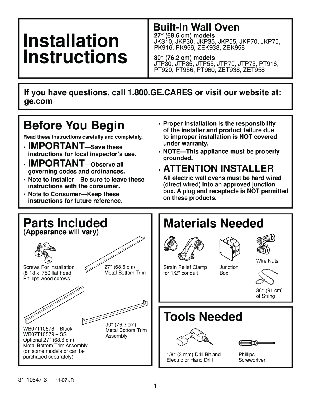 GE r08654v-1 installation instructions Installation, Instructions, Before You Begin, Parts Included, Materials Needed 
