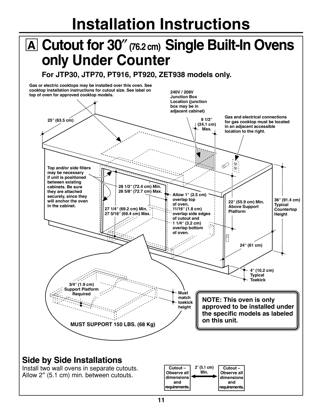 GE r08654v-1 Cutout for 30″ 76.2 cm Single Built-In Ovens only Under Counter, Installation Instructions 