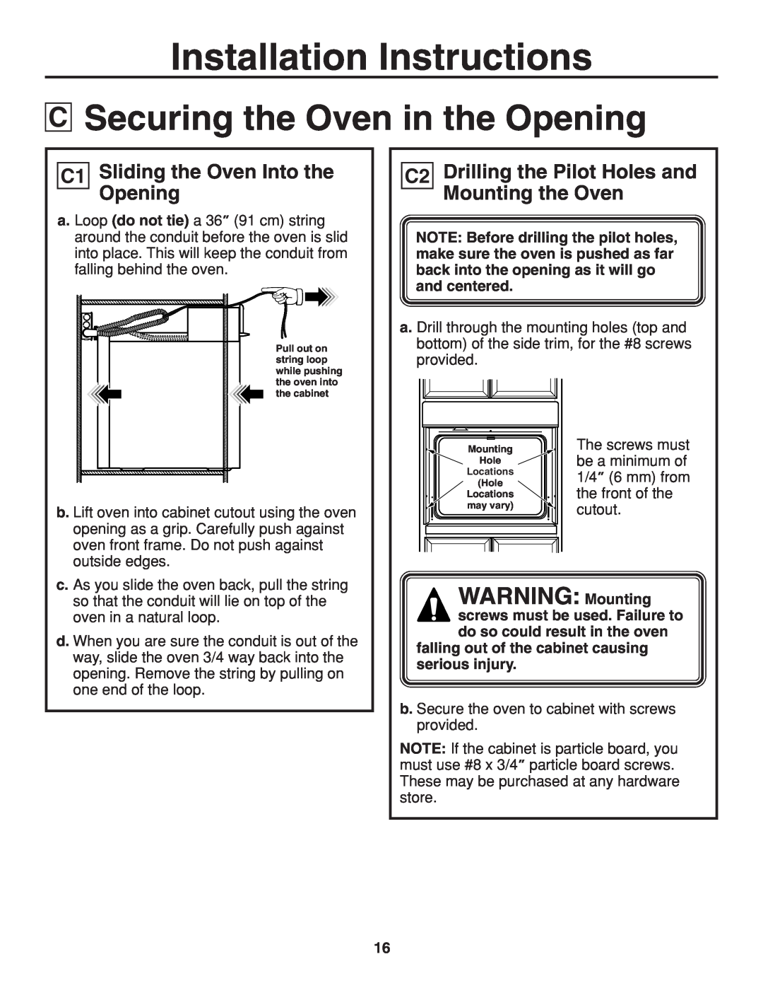GE r08654v-1 Securing the Oven in the Opening, WARNING Mounting, C1 Sliding the Oven Into the Opening 