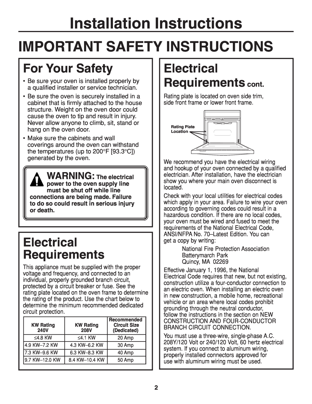 GE r08654v-1 Installation Instructions, Important Safety Instructions, For Your Safety, Electrical Requirements 
