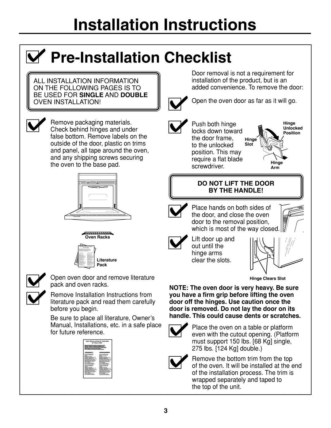 GE r08654v-1 Pre-Installation Checklist, Installation Instructions, Do Not Lift The Door By The Handle 