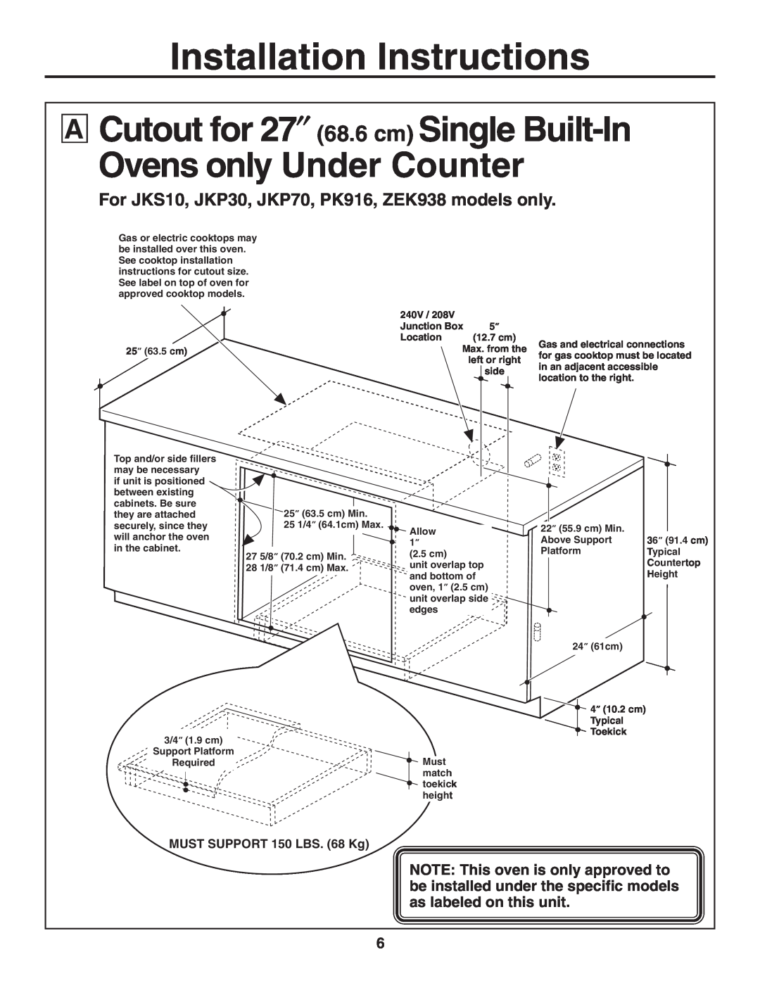 GE r08654v-1 Cutout for 27″ 68.6 cm Single Built-In Ovens only Under Counter, Installation Instructions 