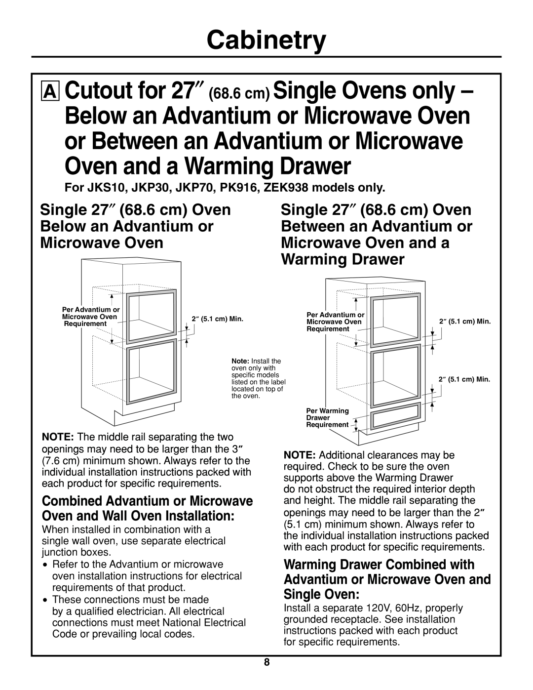 GE r08654v-1 Cutout for 27″ 68.6 cm Single Ovens only, Single 27″ 68.6 cm Oven, Below an Advantium or, Microwave Oven 