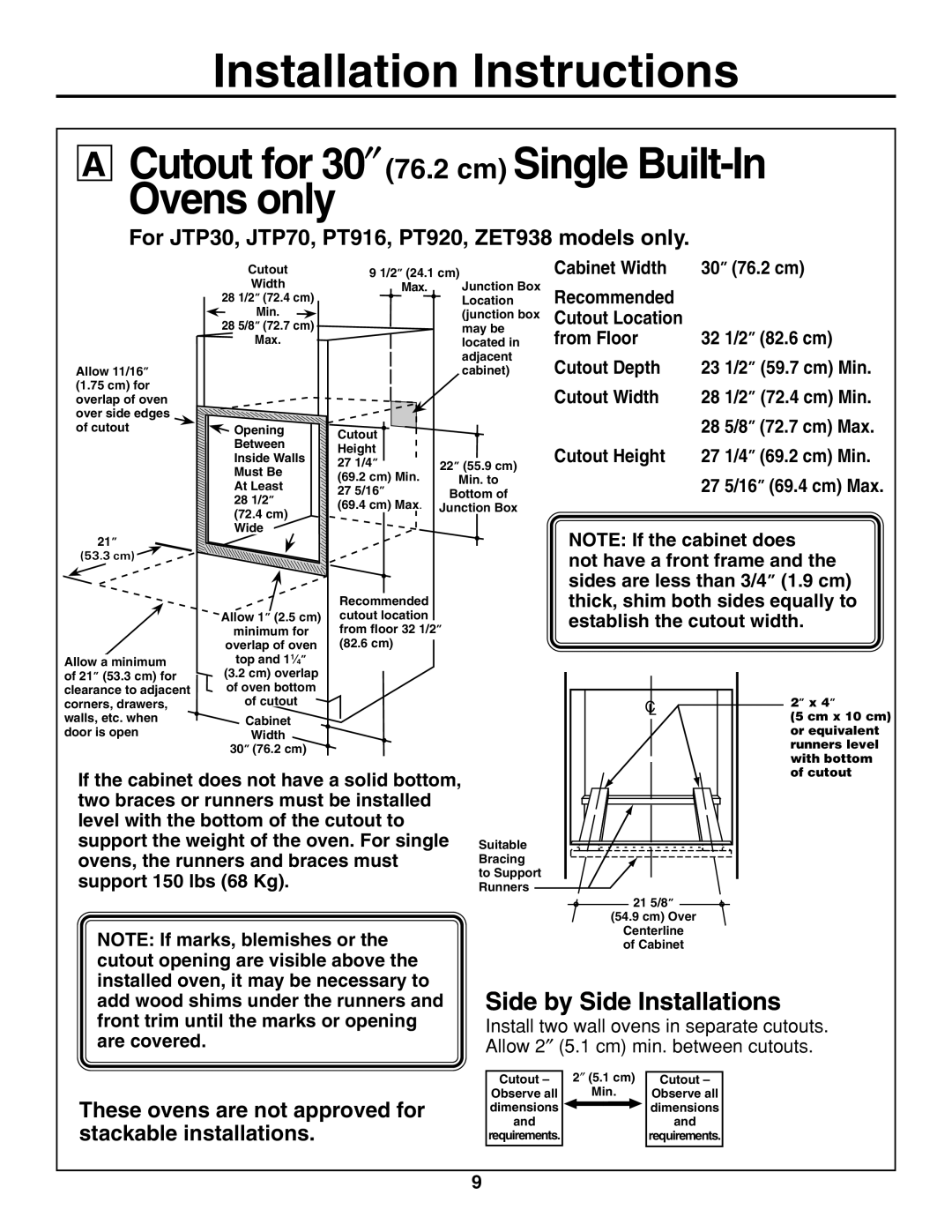 GE r08654v-1 Cutout for 30″ 76.2 cm Single Built-In Ovens only, Side by Side Installations, Installation Instructions 
