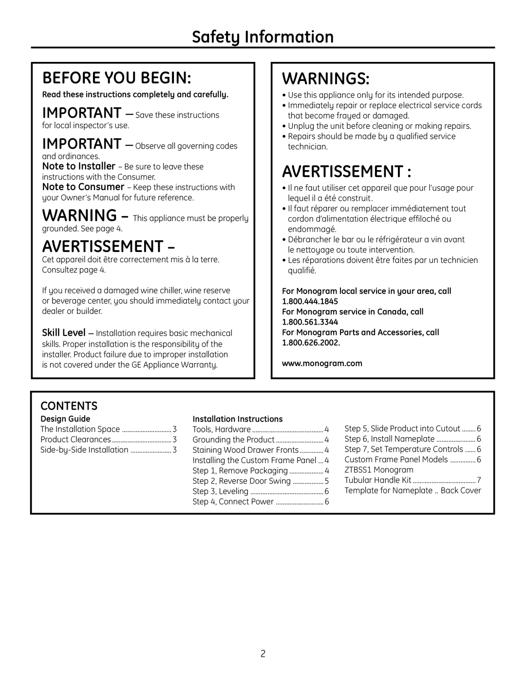 GE r10279v installation instructions Safety Information, Contents 