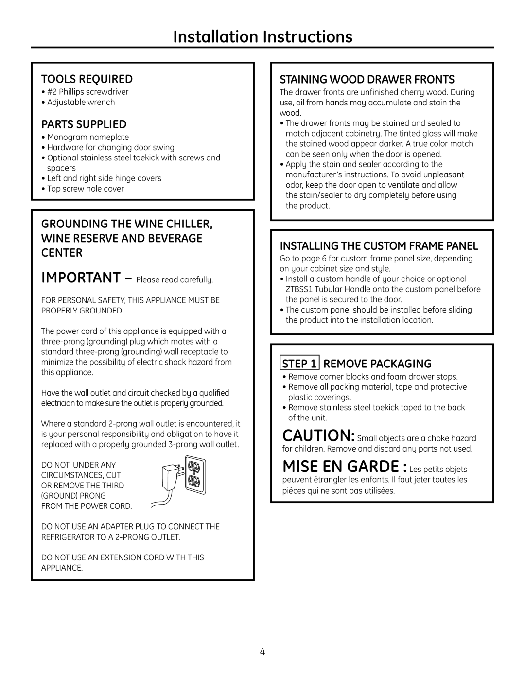 GE r10279v Installation Instructions, Tools Required, Parts Supplied, Staining Wood Drawer Fronts, Remove Packaging 