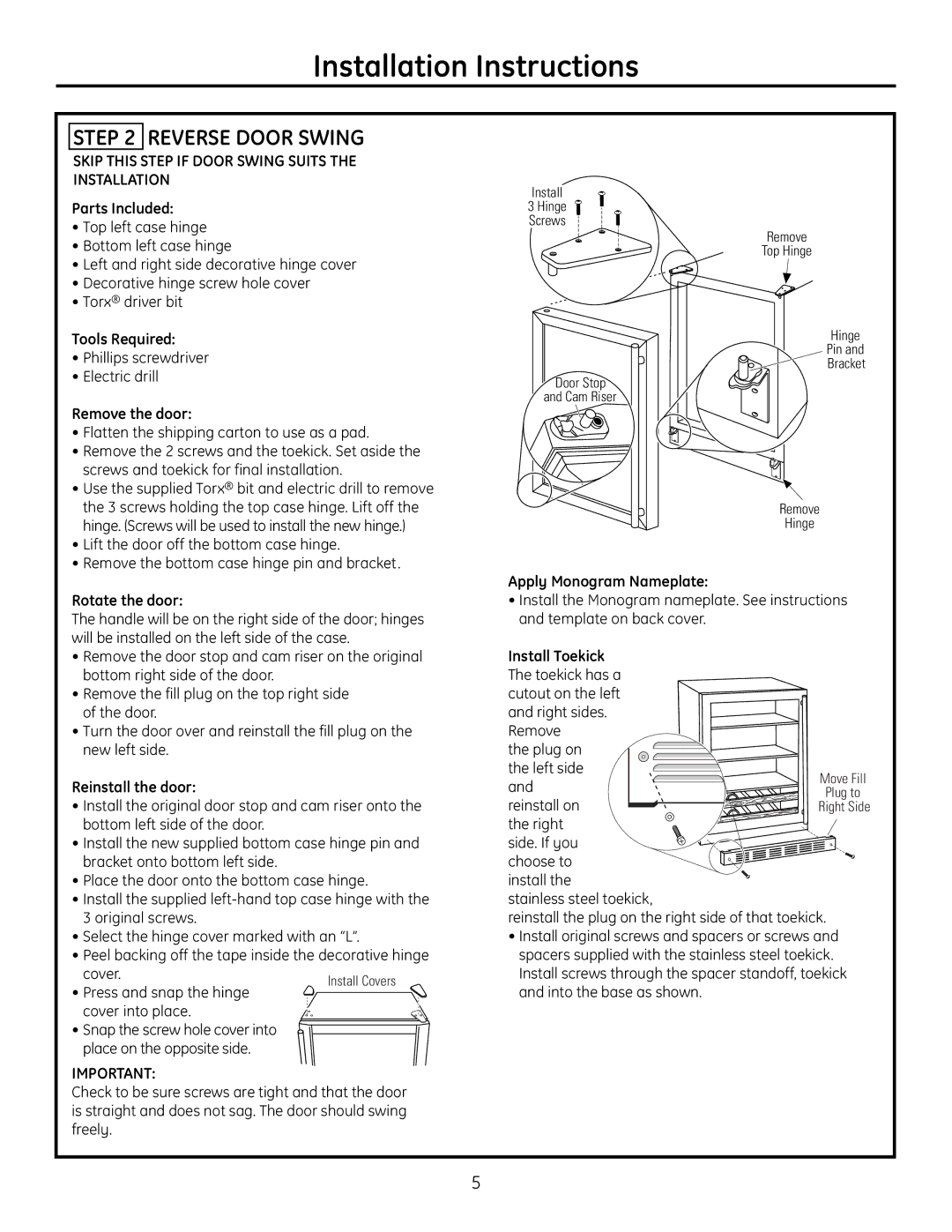 GE r10279v installation instructions Reverse Door Swing 