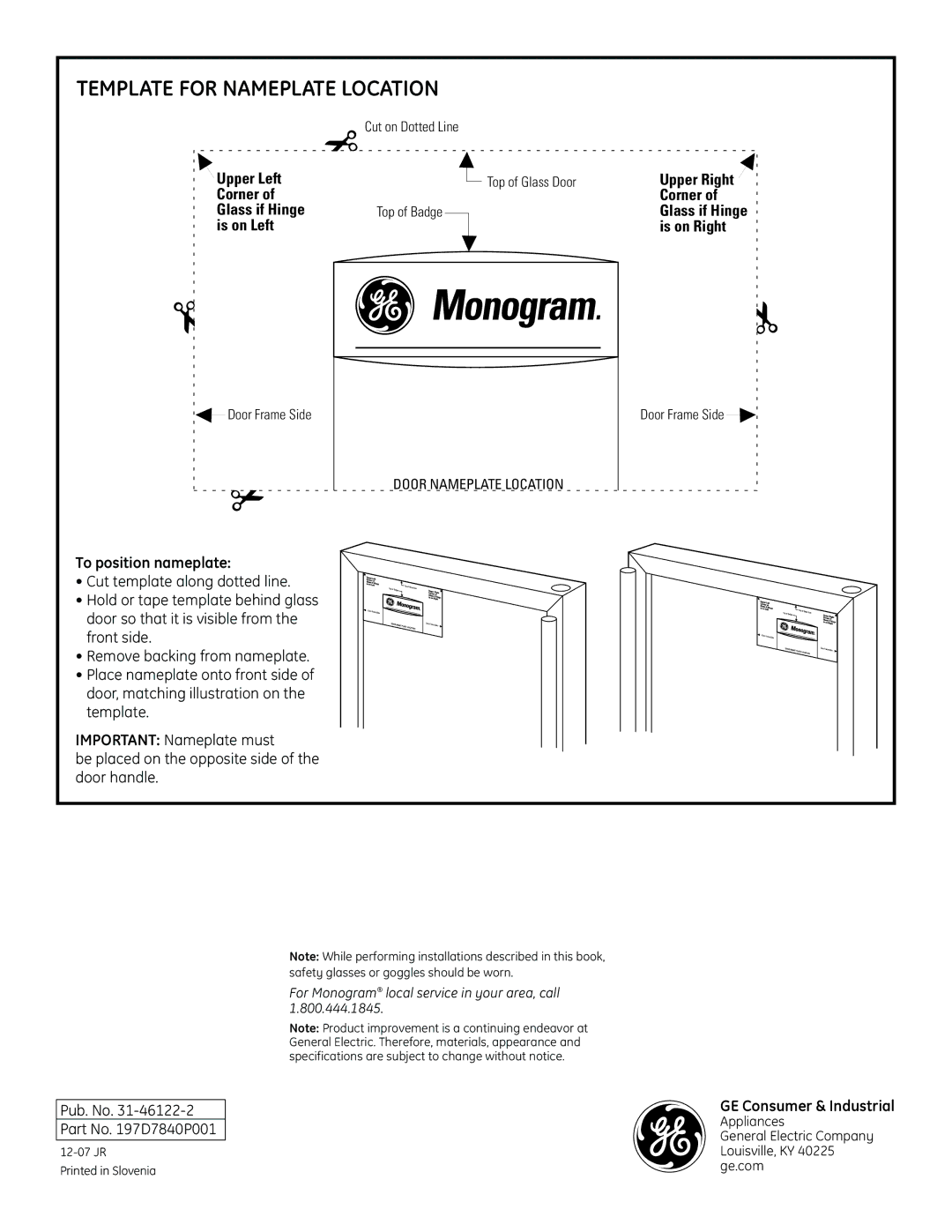 GE r10279v installation instructions Template for Nameplate Location 