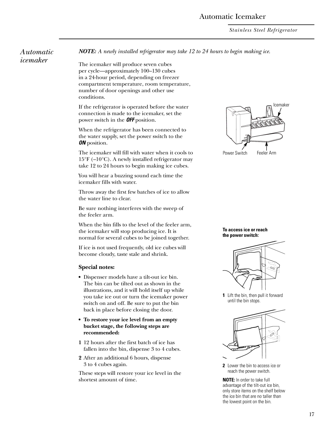 GE r10965v-1 owner manual Automatic icemaker, Special notes 