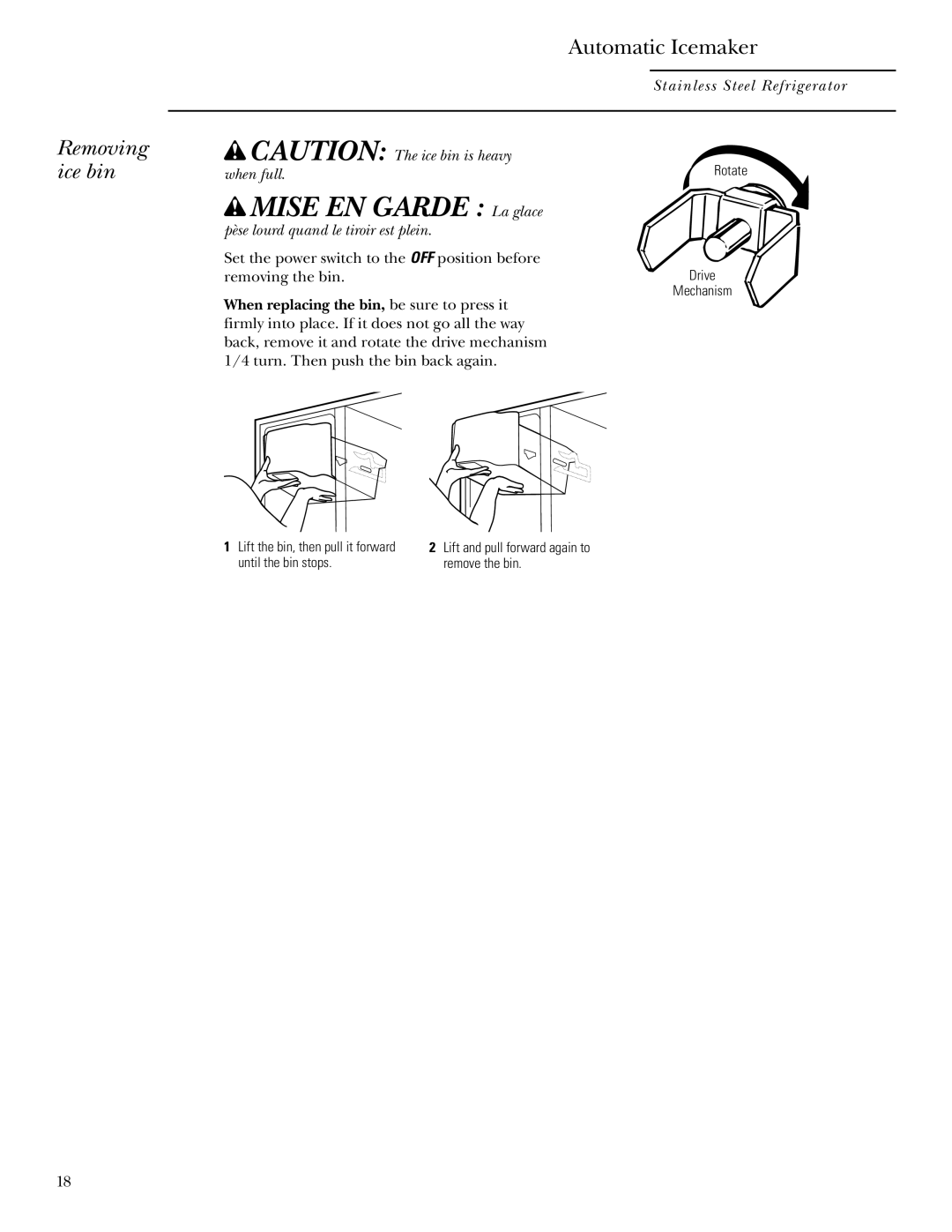 GE r10965v-1 owner manual Mise EN Garde La glace, Removing ice bin 