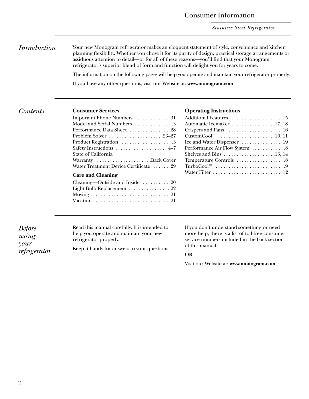 GE r10965v-1 owner manual Introduction, Contents, Before using your refrigerator 