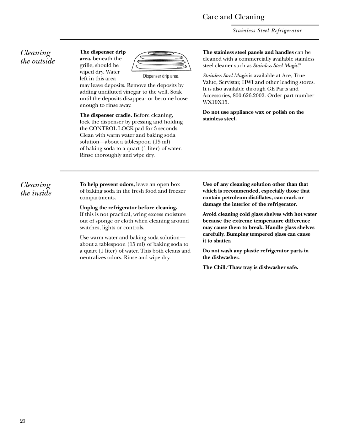 GE r10965v-1 owner manual Cleaning the outside, Cleaning the inside, Dispenser drip 