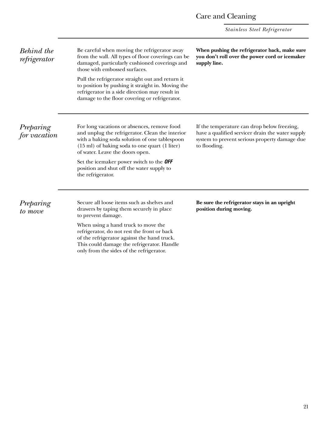 GE r10965v-1 Care and Cleaning, Preparing for vacation, Preparing to move, Be sure the refrigerator stays in an upright 