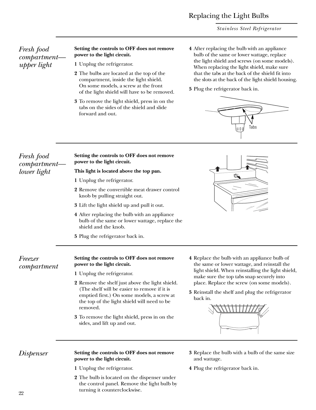 GE r10965v-1 owner manual Replacing the Light Bulbs, Fresh food, Compartment, Upper light, Freezer 