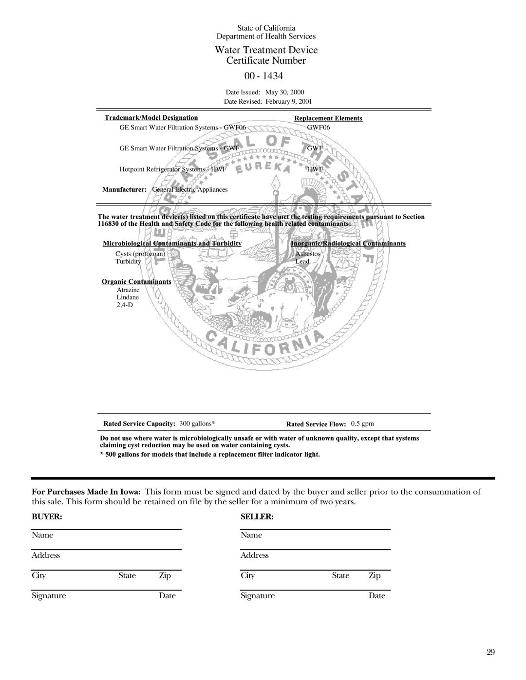 GE r10965v-1 owner manual Water Treatment Device Certificate Number 