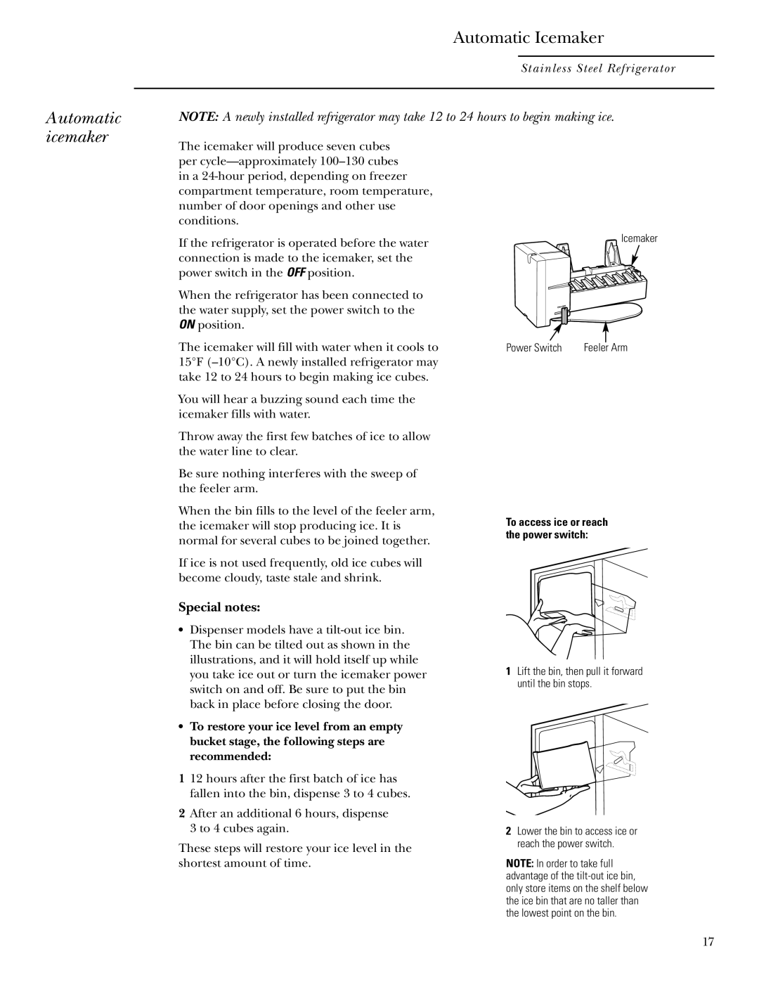GE r10965v-1 owner manual Automatic Icemaker, Automatic icemaker, Special notes 