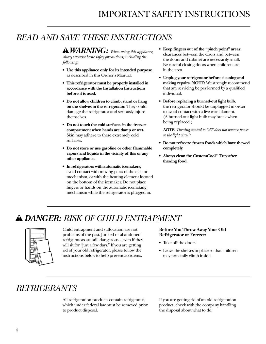 GE r10965v-1 owner manual Important Safety Instructions, Read And Save These Instructions, wDANGER RISK OF CHILD ENTRAPMENT 