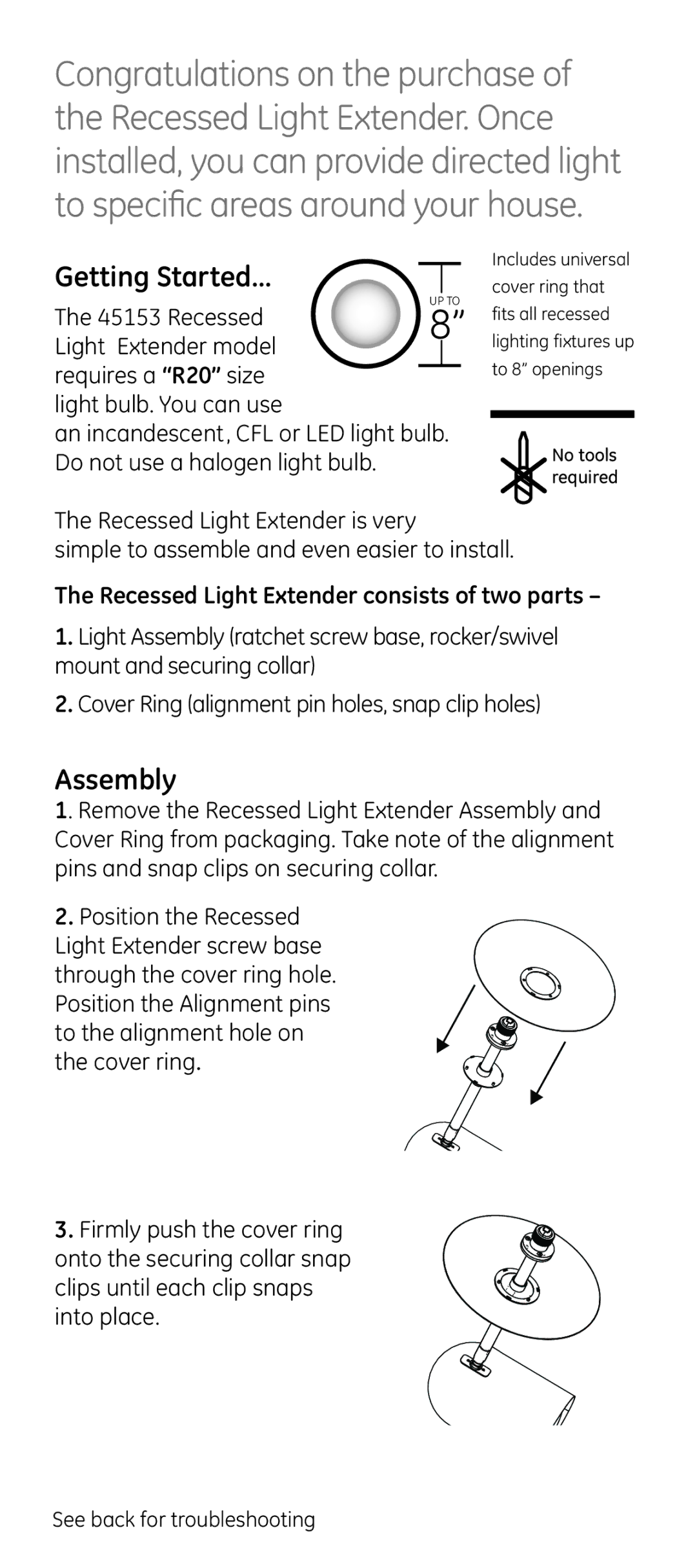 GE R20 user manual Getting Started…, Assembly 