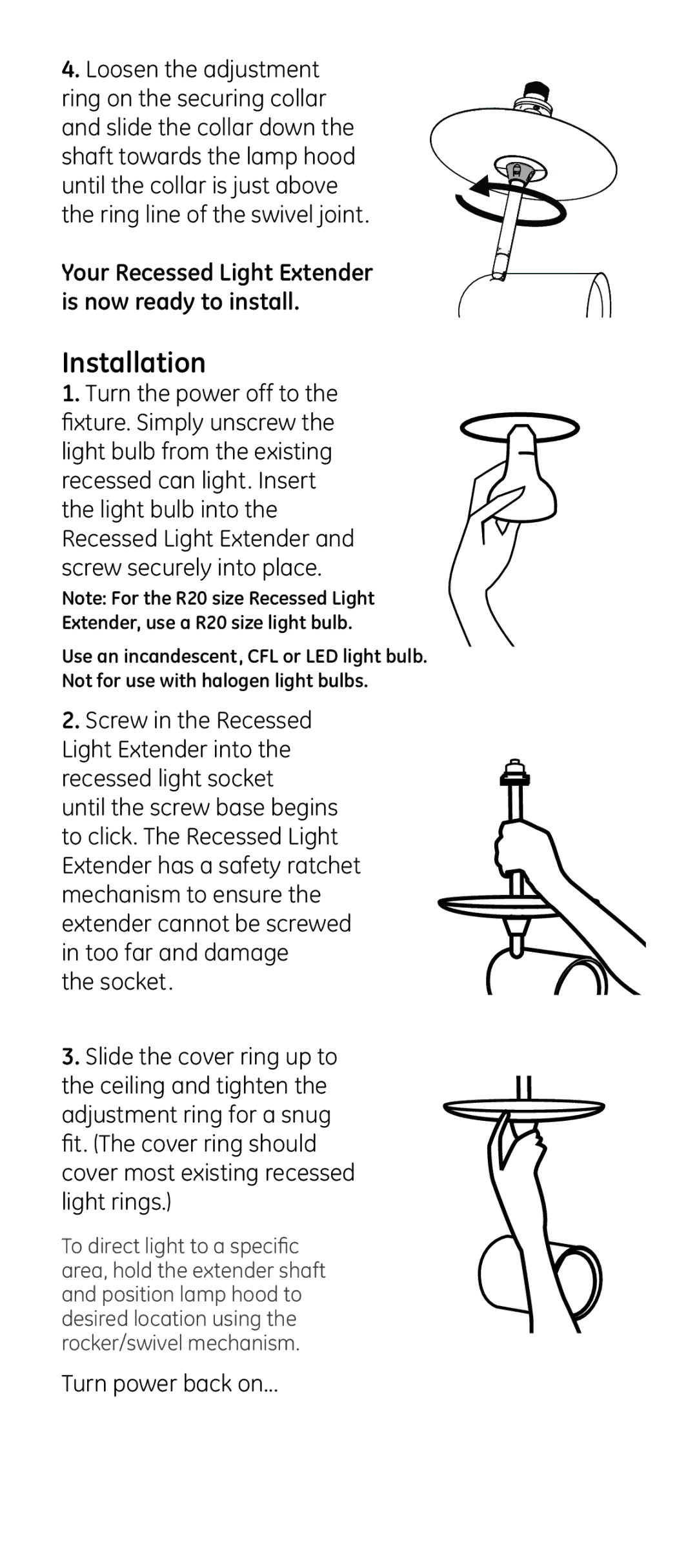 GE R20 user manual Installation, Recessed light socket 