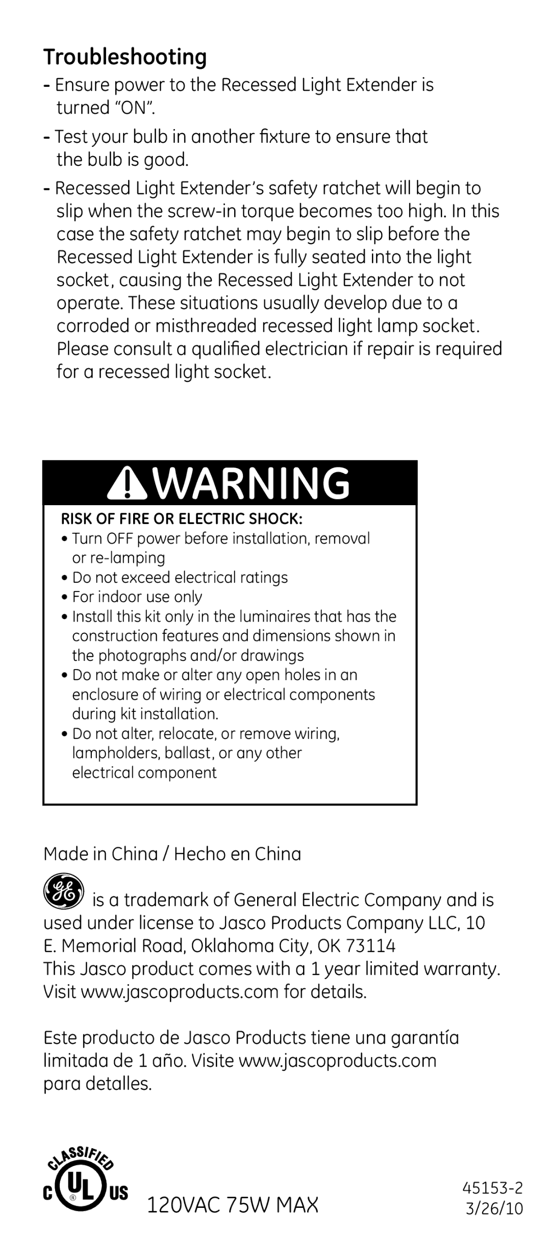 GE R20 user manual Troubleshooting, Risk of Fire or Electric Shock 