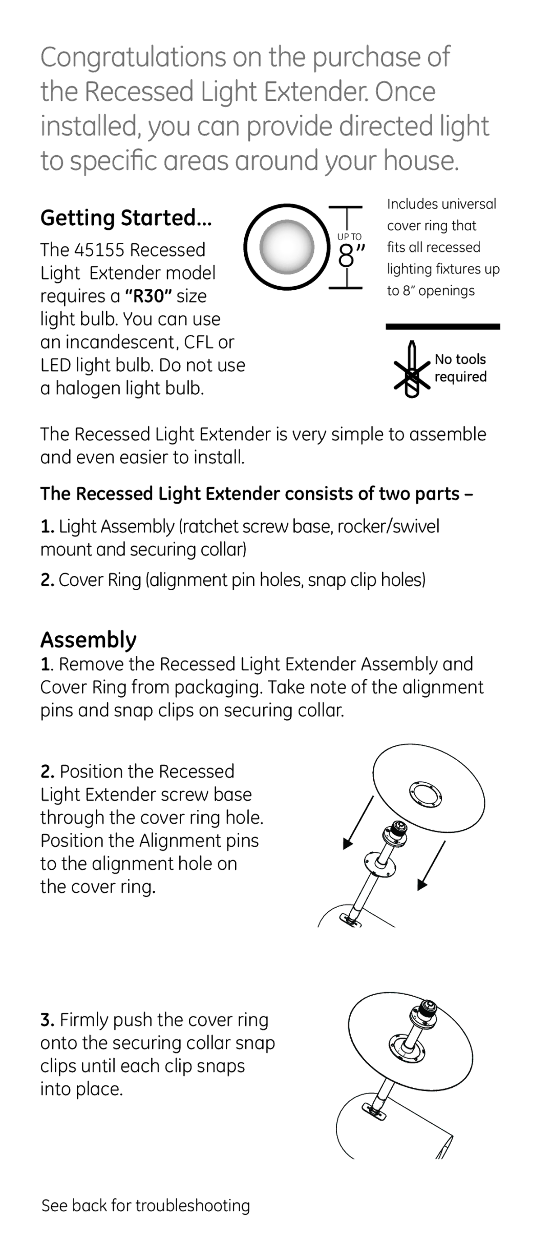 GE R30 user manual Getting Started…, Assembly 