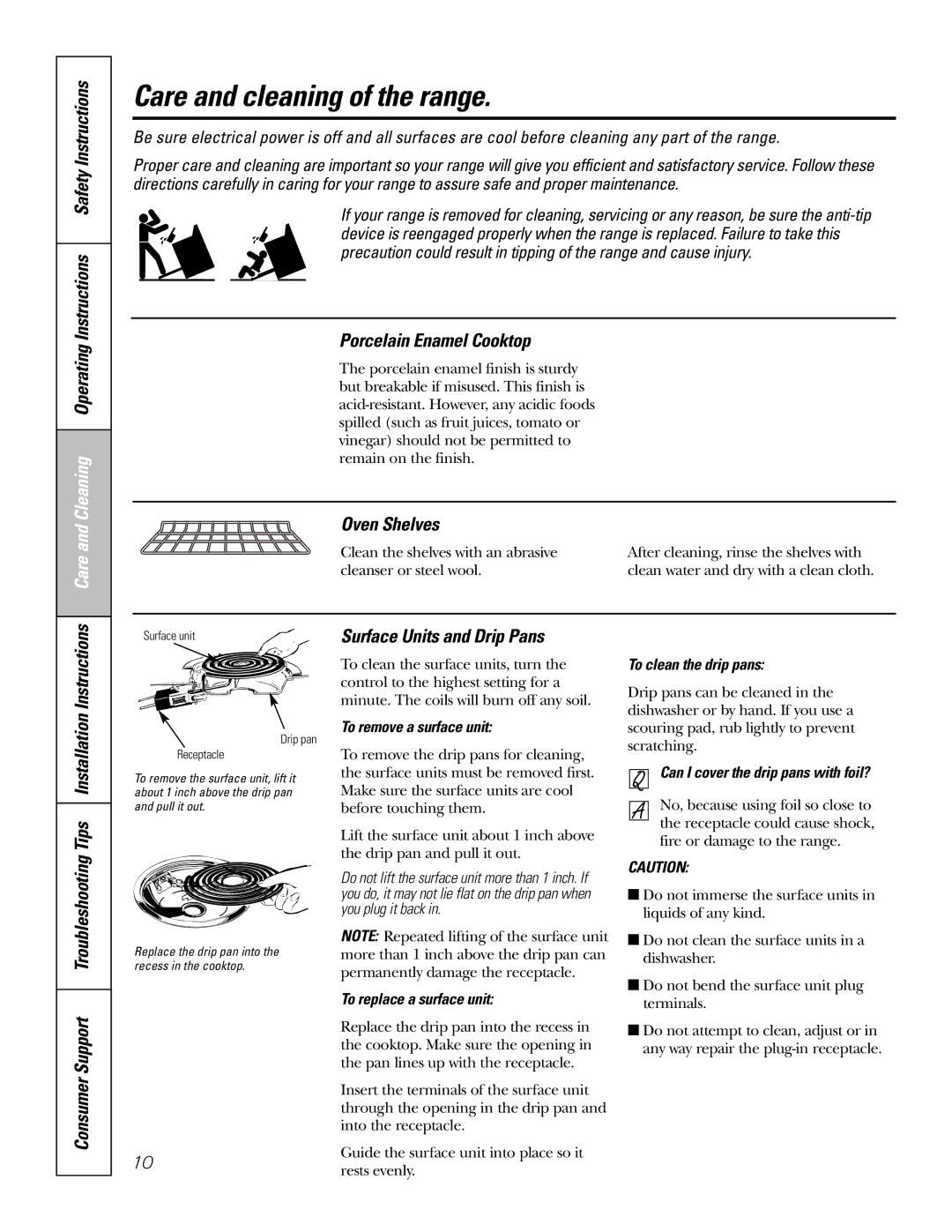 GE RA720 RA724 Care and cleaning of the range, Porcelain Enamel Cooktop, Oven Shelves, Surface Units and Drip Pans 