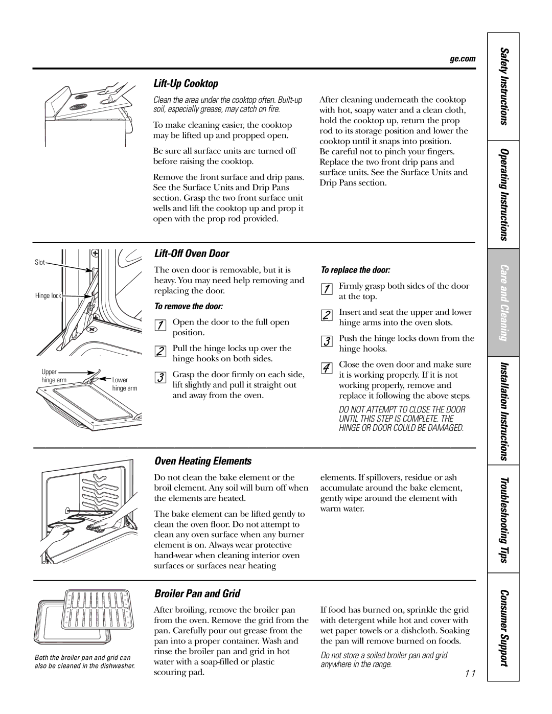 GE RA720 RA724 owner manual Lift-Up Cooktop Safety, Lift-Off Oven Door, Oven Heating Elements, Troubleshooting Tips 