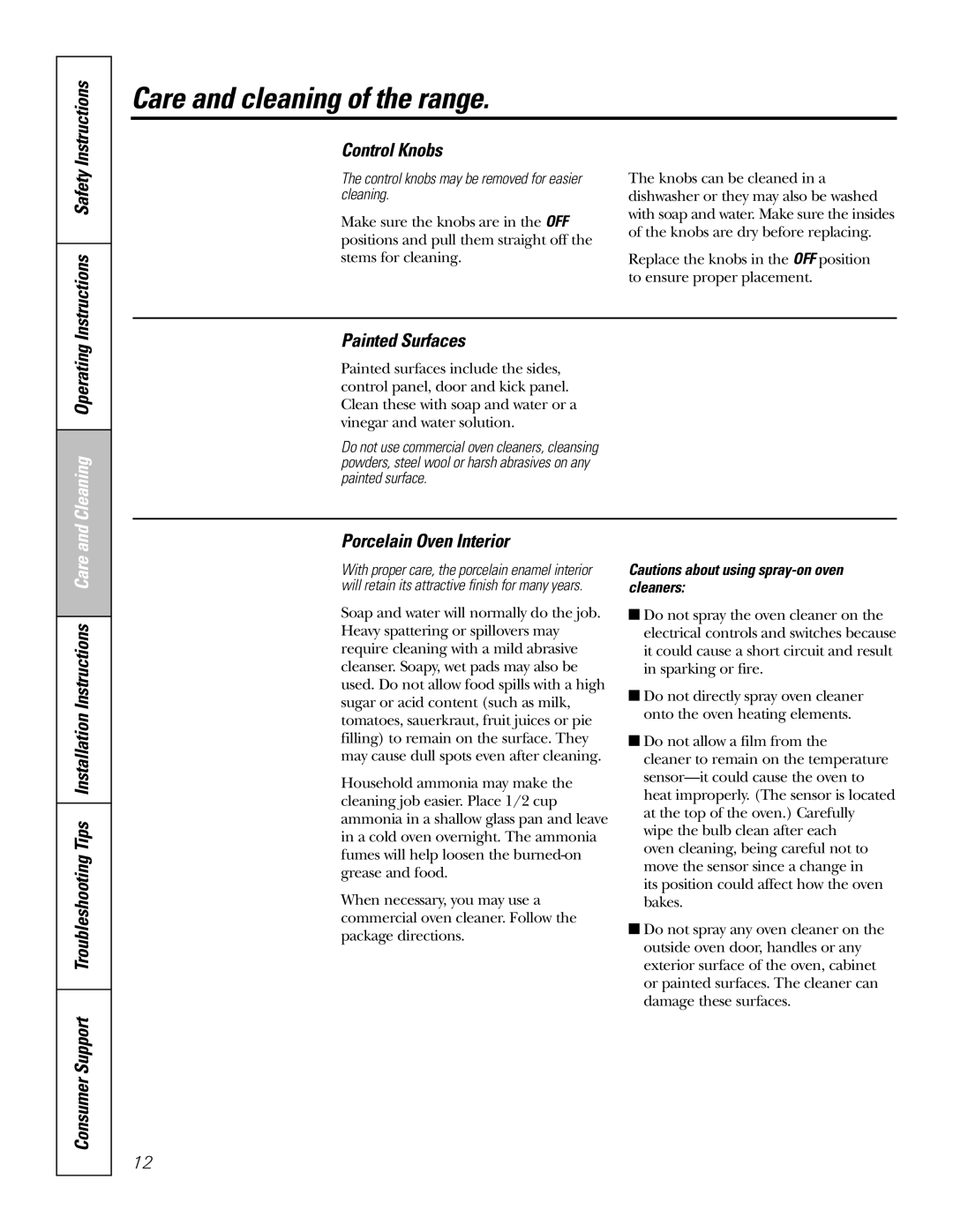 GE RA720 RA724 owner manual Instructions Safety Control Knobs, Painted Surfaces, Porcelain Oven Interior 