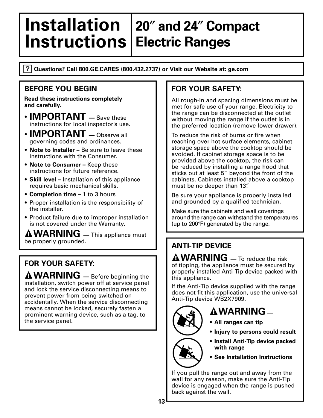 GE RA720 RA724 Before YOU Begin, For Your Safety, ANTI-TIP Device, Read these instructions completely and carefully 