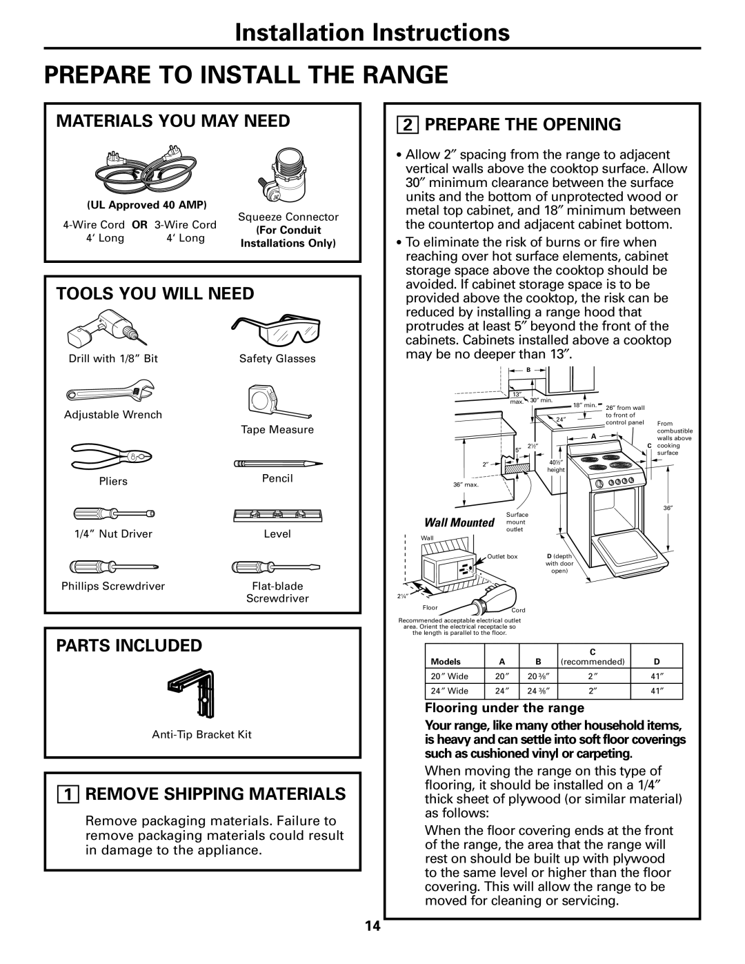 GE RA720 RA724 Materials YOU MAY Need, Tools YOU will Need, Parts Included, Remove Shipping Materials, Prepare the Opening 