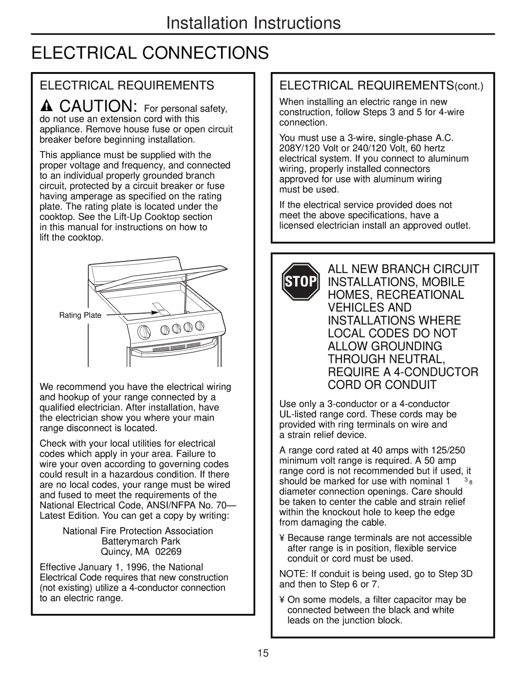 GE RA720 RA724 owner manual Electrical Connections, Electrical Requirements 