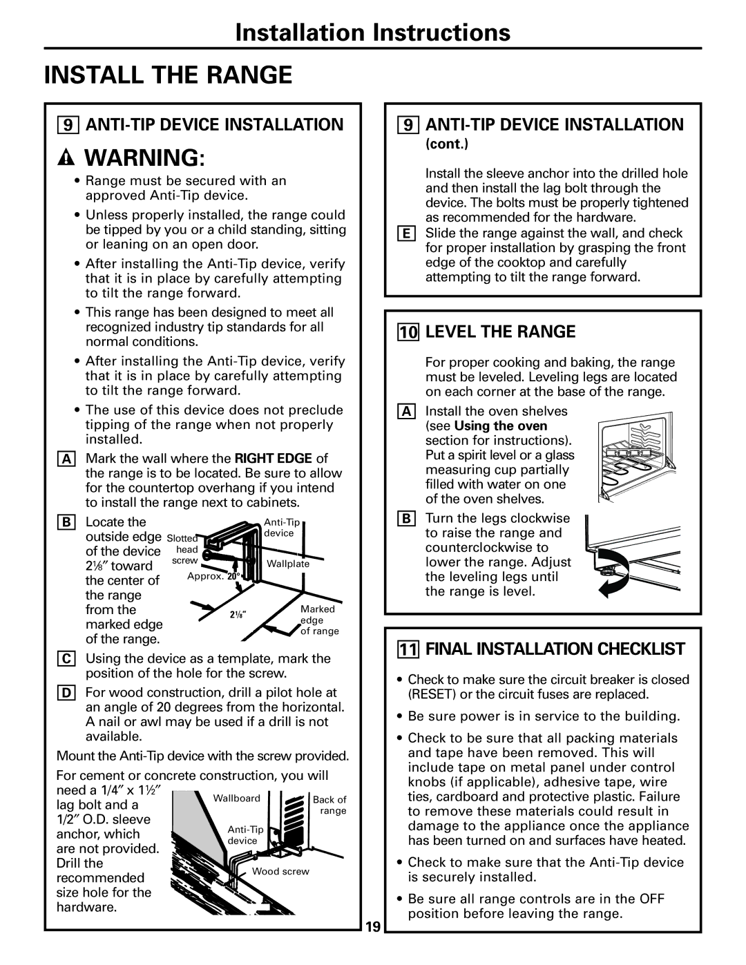 GE RA720 RA724 owner manual ANTI-TIP Device Installation, Level the Range 