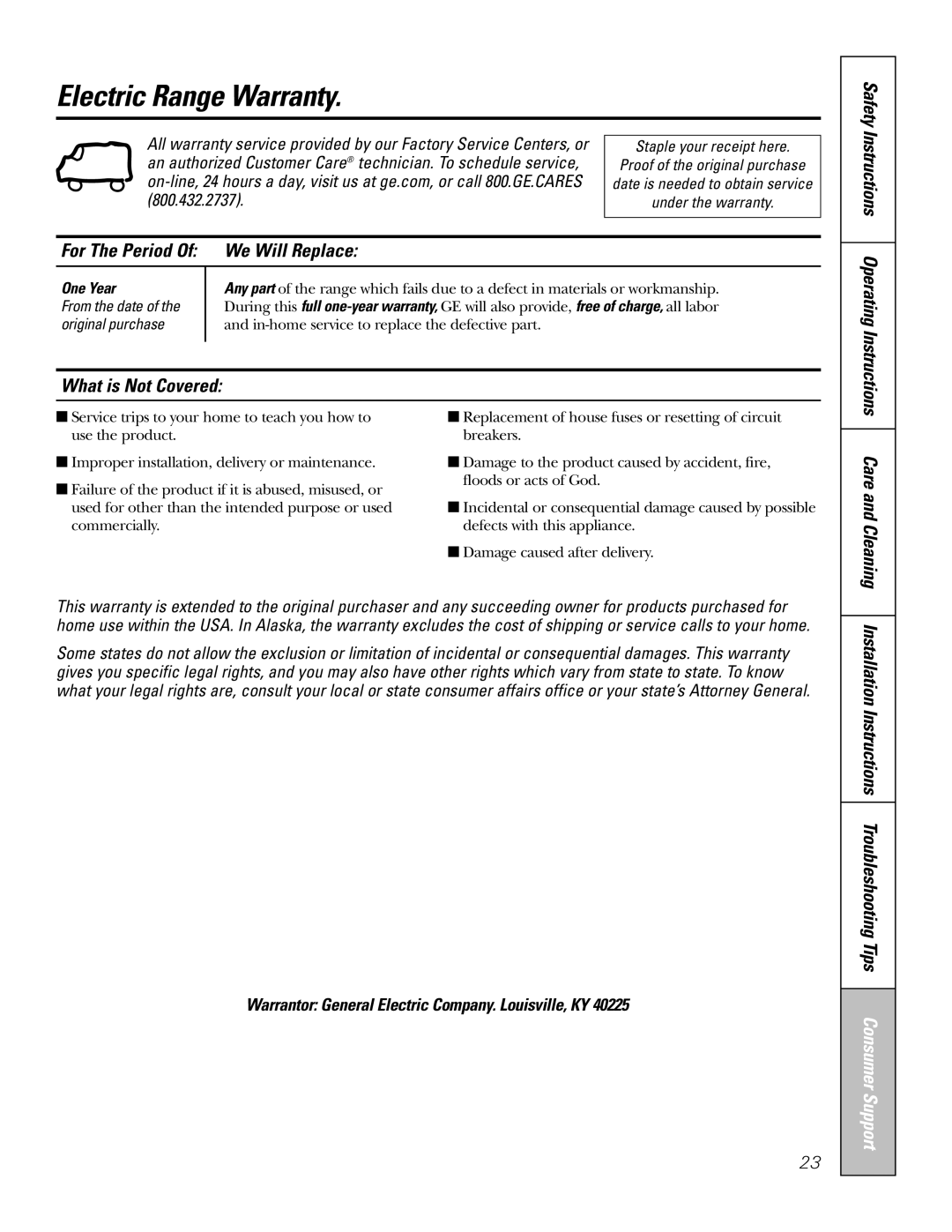 GE RA720 RA724 owner manual Electric Range Warranty, We Will Replace, What is Not Covered 