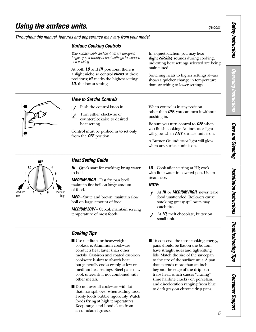 GE RA720 RA724 owner manual Using the surface units 