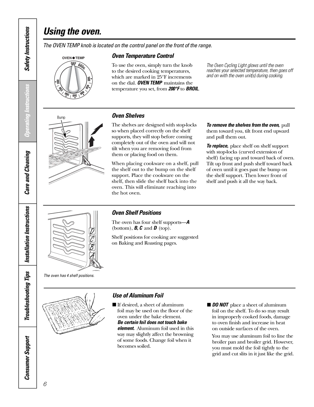 GE RA720 RA724 Using the oven, Instructions Safety Instructions, Oven Temperature Control, Use of Aluminum Foil 