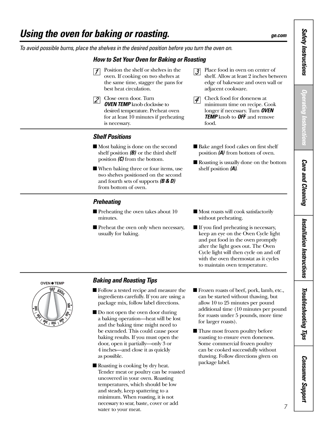 GE RA720 RA724 Using the oven for baking or roasting, How to Set Your Oven for Baking or Roasting, Shelf Positions 